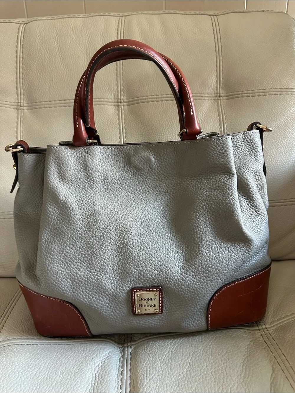 Dooney & Bourke Gray Leather Satchel with Brown Trim and Handles